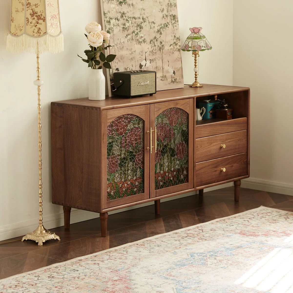 Tiff side cabinet integrated against the wall living room cabinet black walnut solid wood home retro multi-functional storage