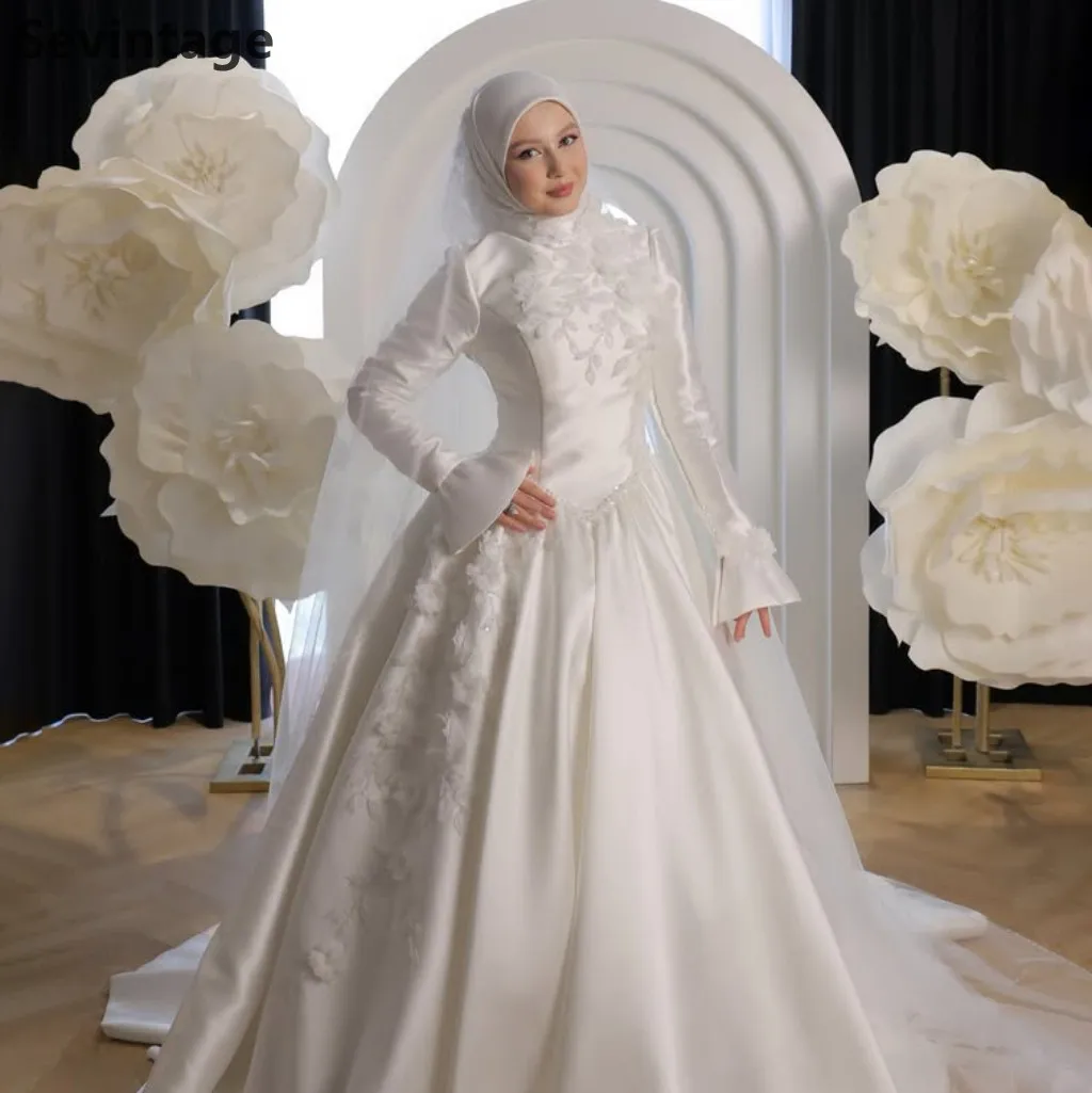 Sevintage High Neck Long Sleeve Wedding Dress Victorian Vintage Satin Bridal Gown 3D Floral Applique Wedding Gown Customized