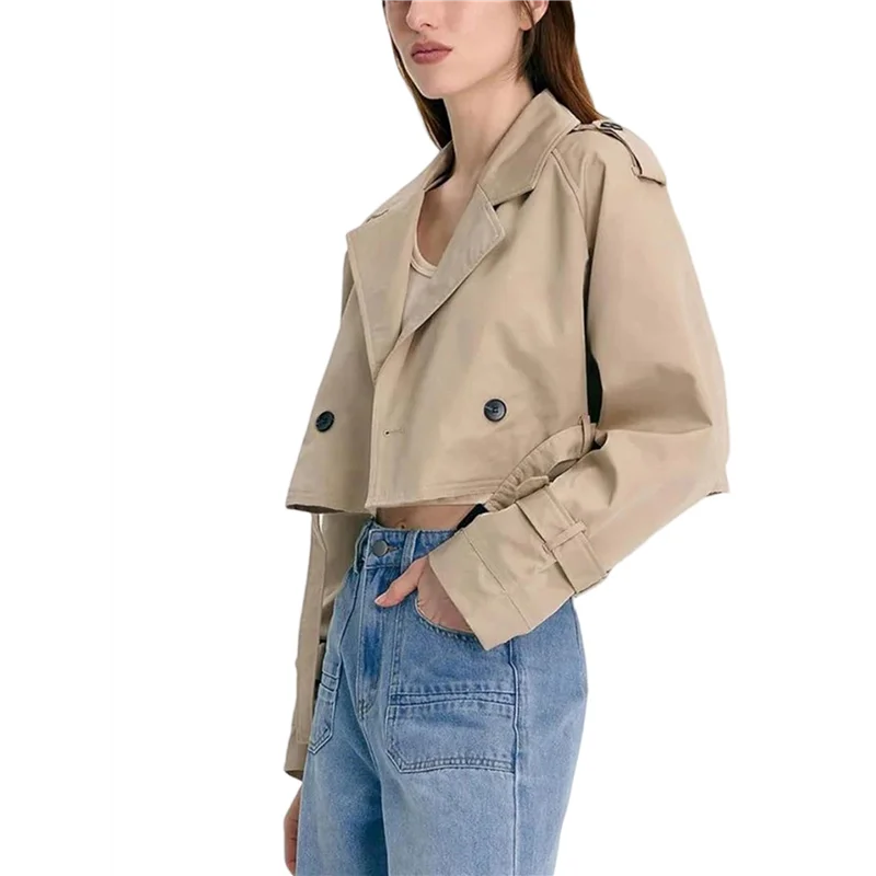 

【RECOMMEND】Womens Cropped Bike Jacket Casual Double Breasted Trench Coat With Belt