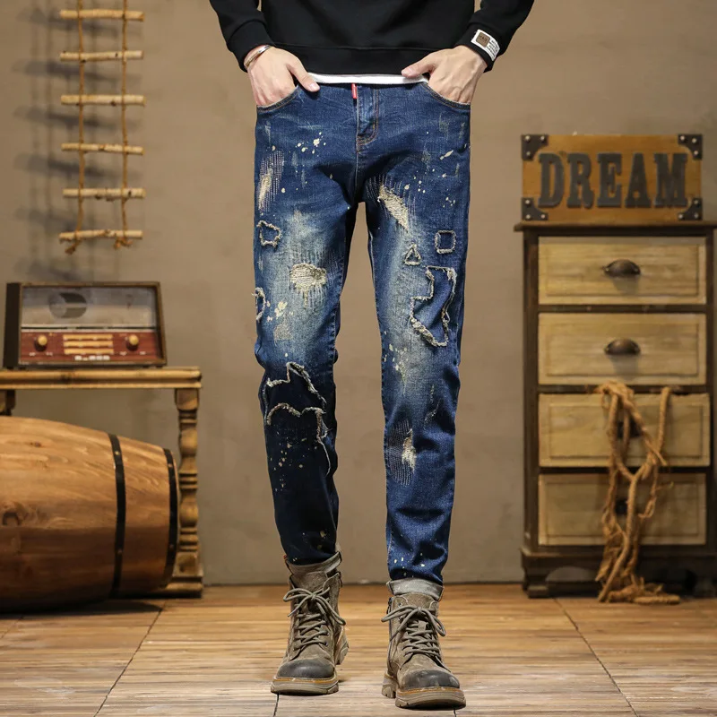 Street Design Motorcycle Men's Ripped Embroidery Patch Stitching Splash-Ink Jeans Men's Trendy Slim Fit Retro Trousers