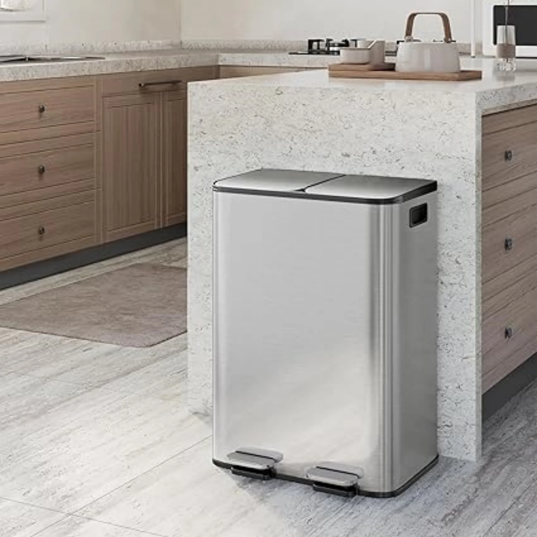 2*30L Kitchen Rubbish Bin,Waste Separation System,Metal Pedal Bin with Side Handle for Recycling Organic,Removable Inner Bucket,