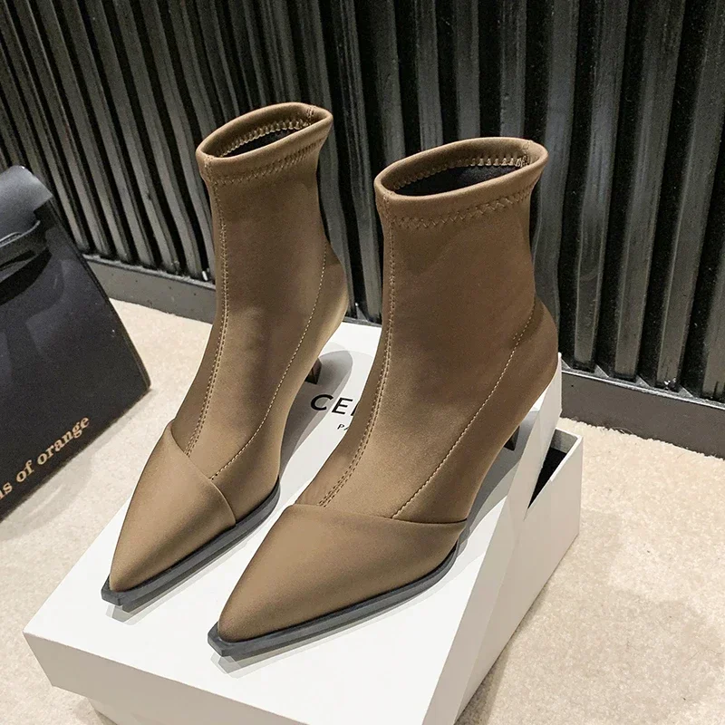 Novo cetim apontou toe botas curtas mulheres salto fino estiramento meias botas elegantes senhoras moda salto alto bombas femininas botas de tornozelo