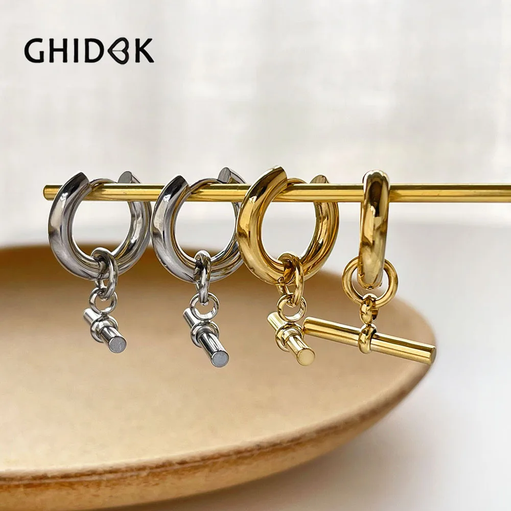 GHIDBK Vintage Stainless Steel T Bar Pendant Hoop Earrings for Women Metal Circle Huggie Earrings acero inoxidable joyería