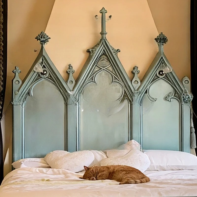 Solid wood blue double bed antique old Paris master bedroom 1.8 meters wedding bed