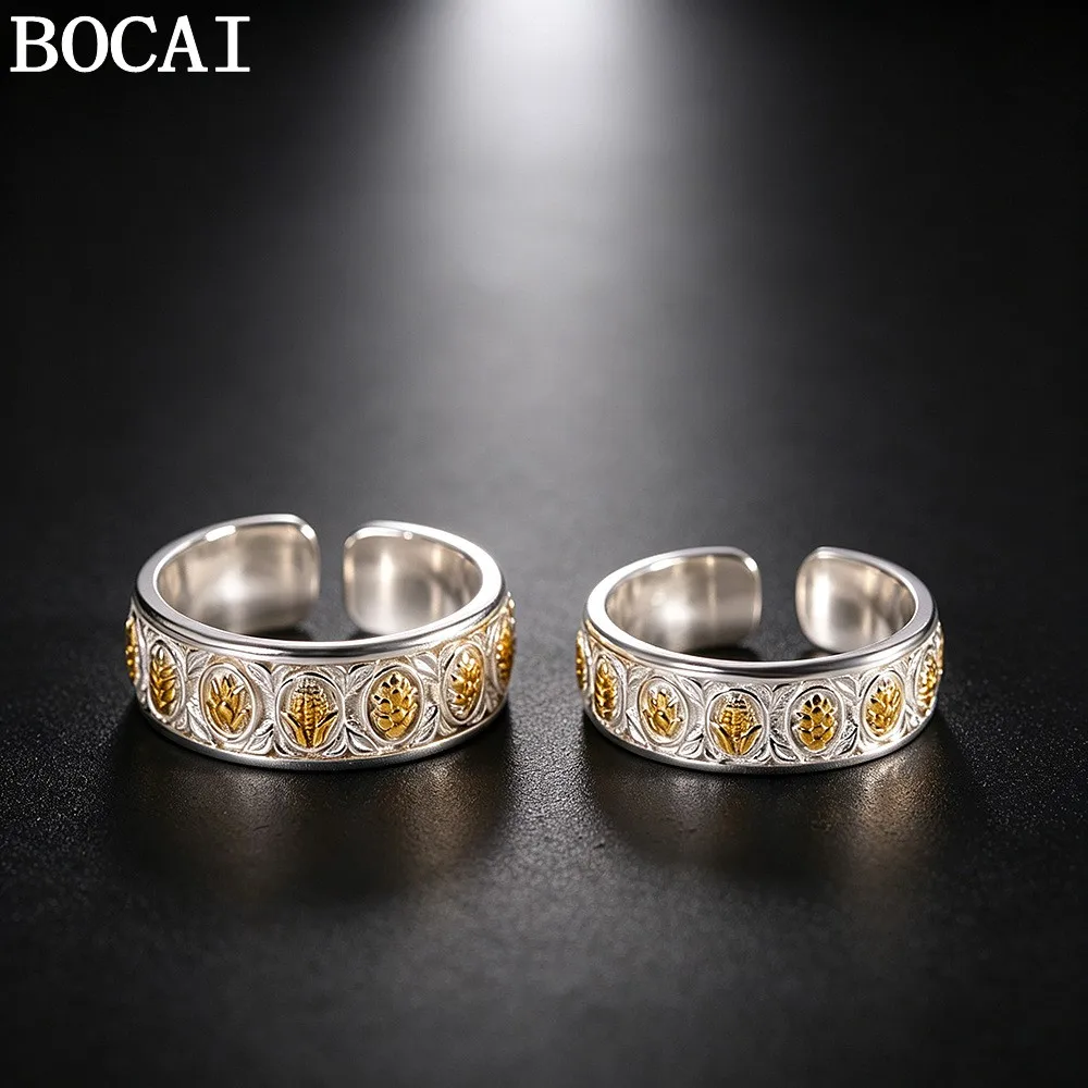 BOCAI New S925 Sterling Silver Jewelry Vintage Art Grains Engagement Ring Women's Selected Gift