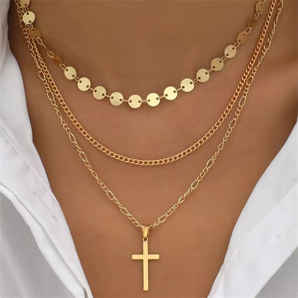 Fashion Gold-plate Artificial Pearl Chain Crystal Star Cross Sequin Pendant Necklace For Women Female Vintage Multilevel Jewelry