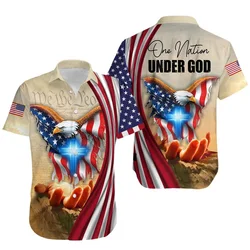 One Nation Under God American Shirts For Men 3D Print Patriotic Jesus Flag Short Sleeve Button Up Hawaiian Shirts Tees