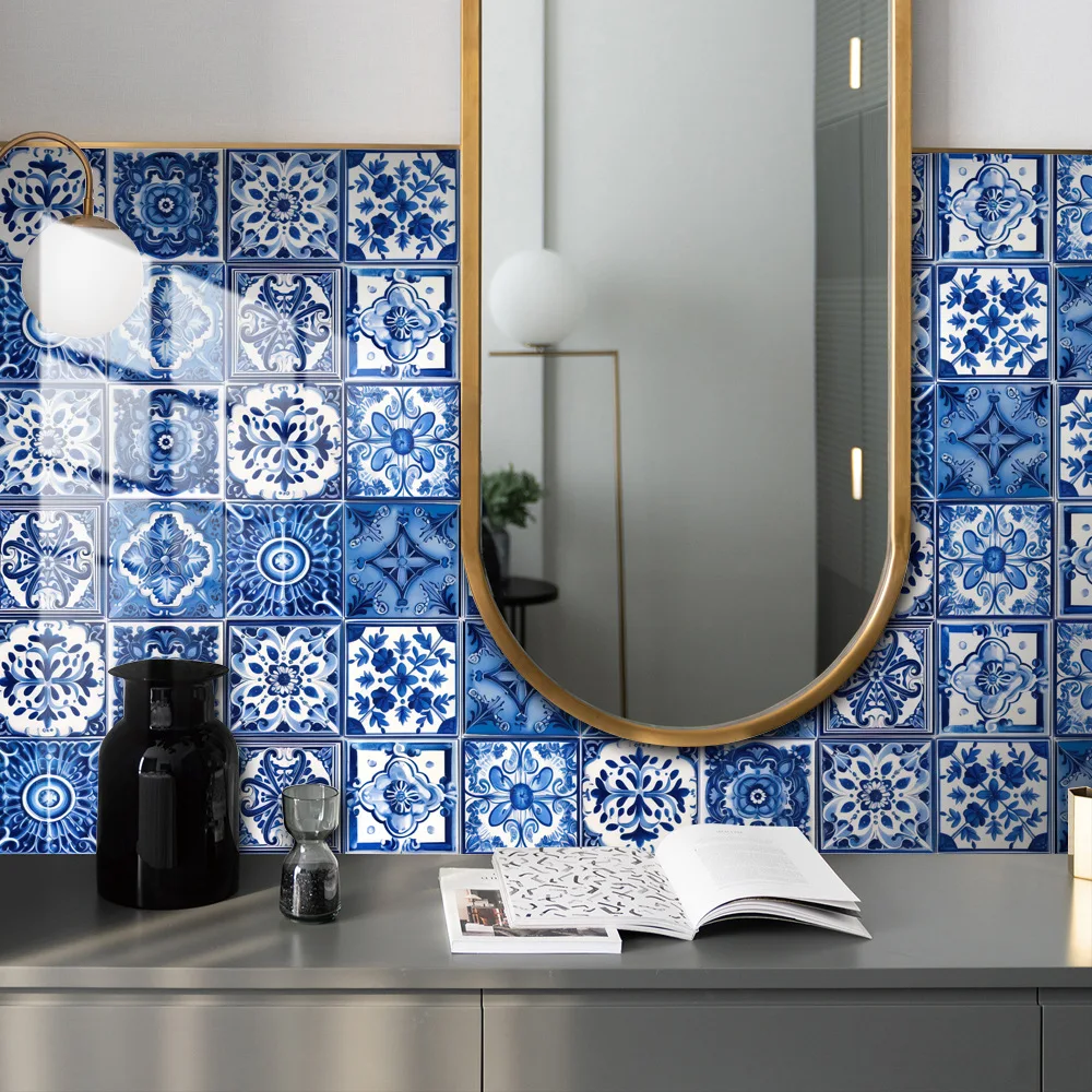 Blue Moroccan Pattern Mosaic Tile Sticker, Kitchen Bathroom Renovation Self-adhesive Waterproof Oil-proof Sticker Wall Sticker