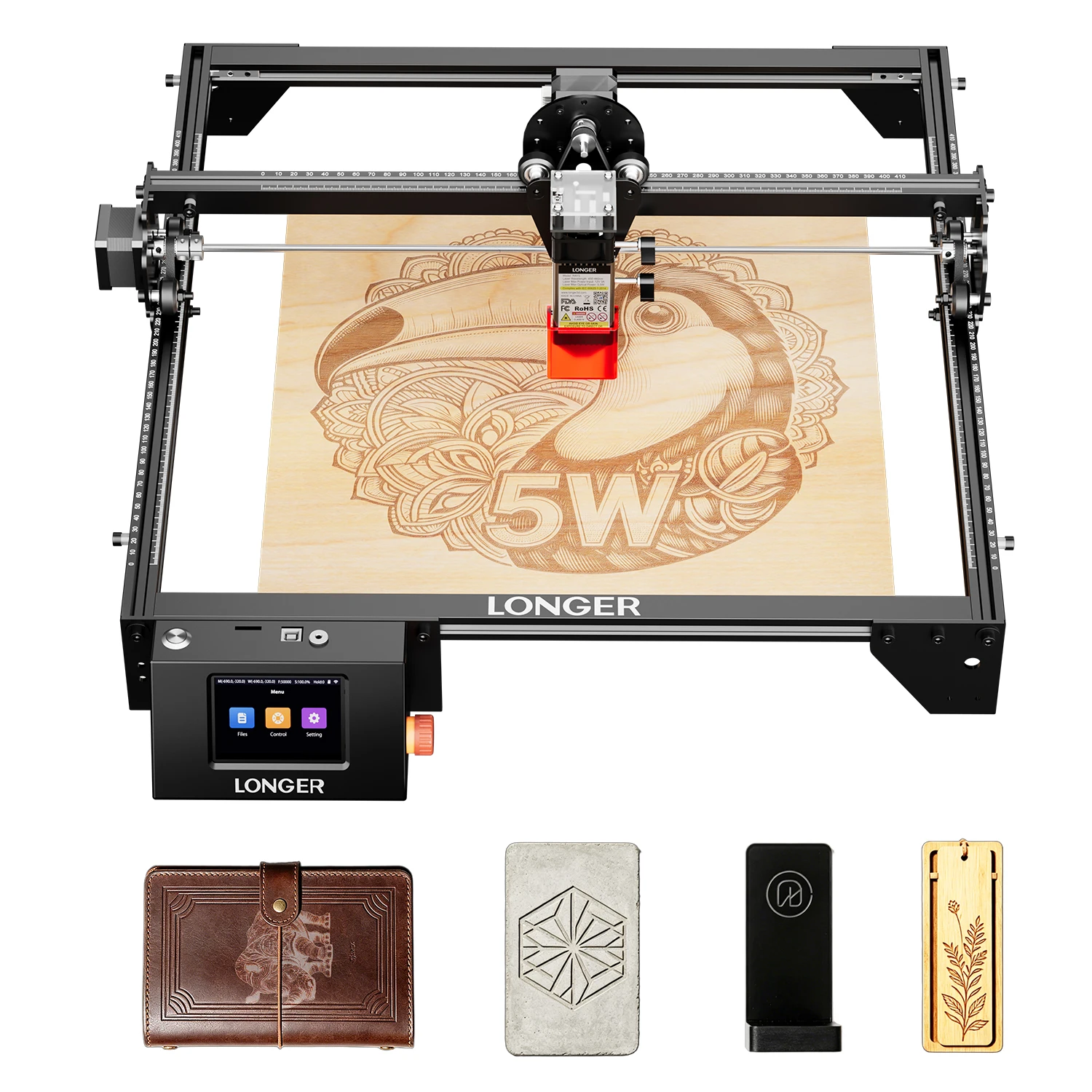 Graveur laser LONGER RAY5 5W, machine de gravure et de découpe 400x400mm, écran tactile 3,5 pouces, WIFI 32 bits, hors ligne, laser FAC 0,08mm
