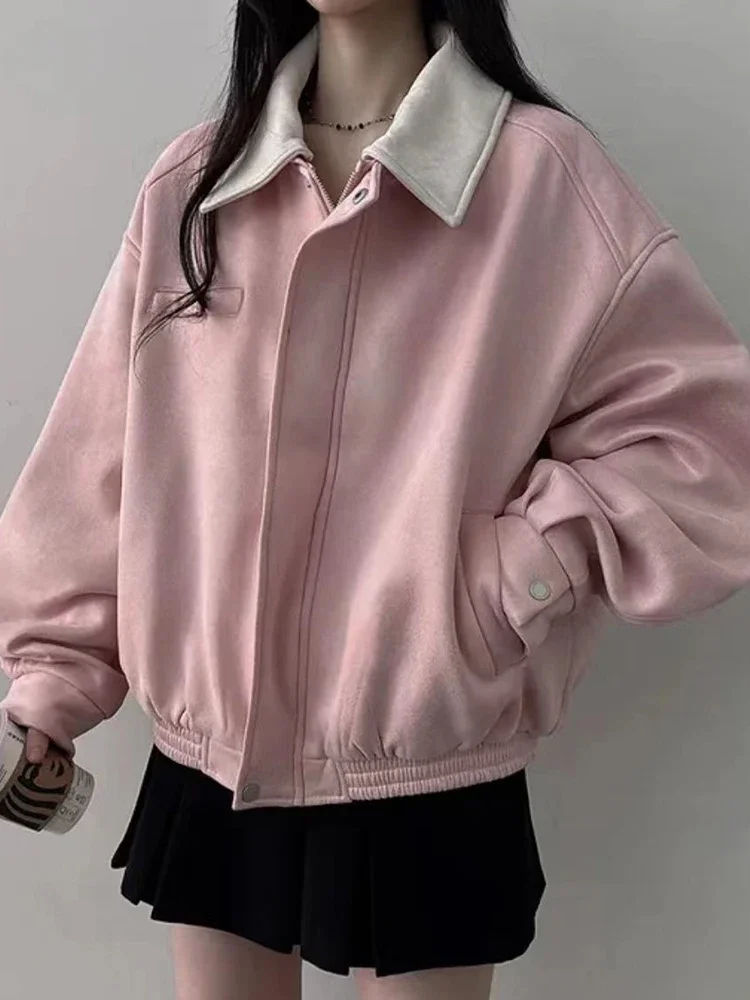

Y2k Pink Faux Suede Women Long Sleeve Vintage American Streetwear Coat Casual Fall Winter Patchwork Lady Retro Tops