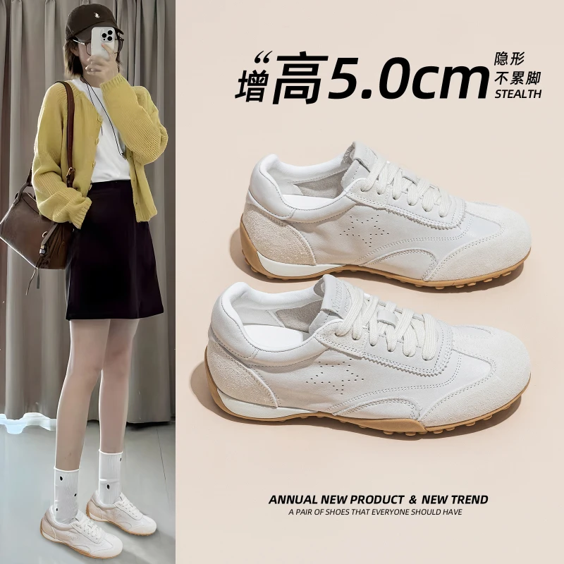Women Viral Ins Hot 2026 Autumn Genuine Leather White Platform Loafers Versatile Casual Bread Sports Sneakers Low top Simple