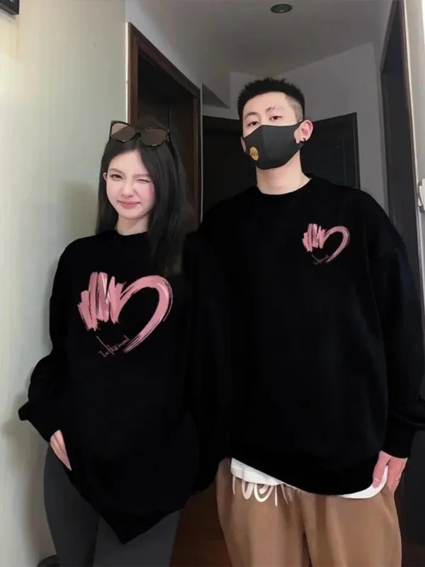 

Large Size 300 Pounds Heart Print round Neck Hoodie Unisex Loose Long Sleeve Casual Top for Autumn Winter Couple Matching