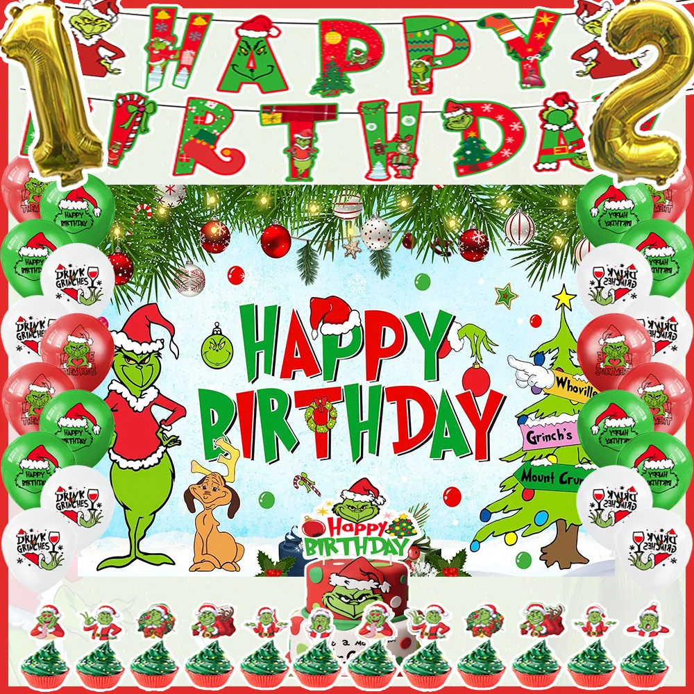 Set de Decoración para Fiesta de Cumpleaños con Temática de Grinch y Navidad, Banner Verde, Globos, Fondo, Adornos para Pastel, Regalos para Niños
