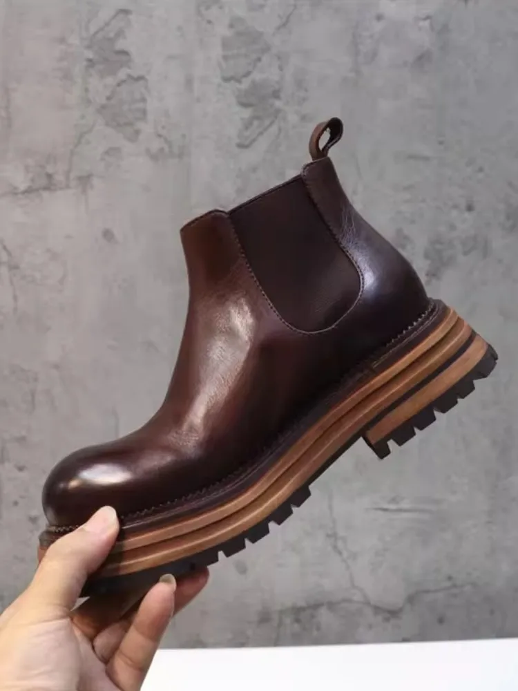 New Women Cowhide Genuine Leather Chelsea Boots Casual Slip-On Round Toe Thick Bottom High Top Shoes Vintage Female Short Boots