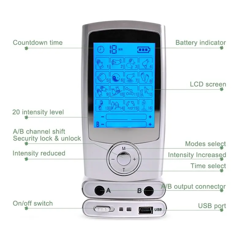 16 Modes Electrical EMS Acupuncture Massager Body Pulse Massage Tens Muscle Stimulator Digital Therapy Electrostimulator-A54Q