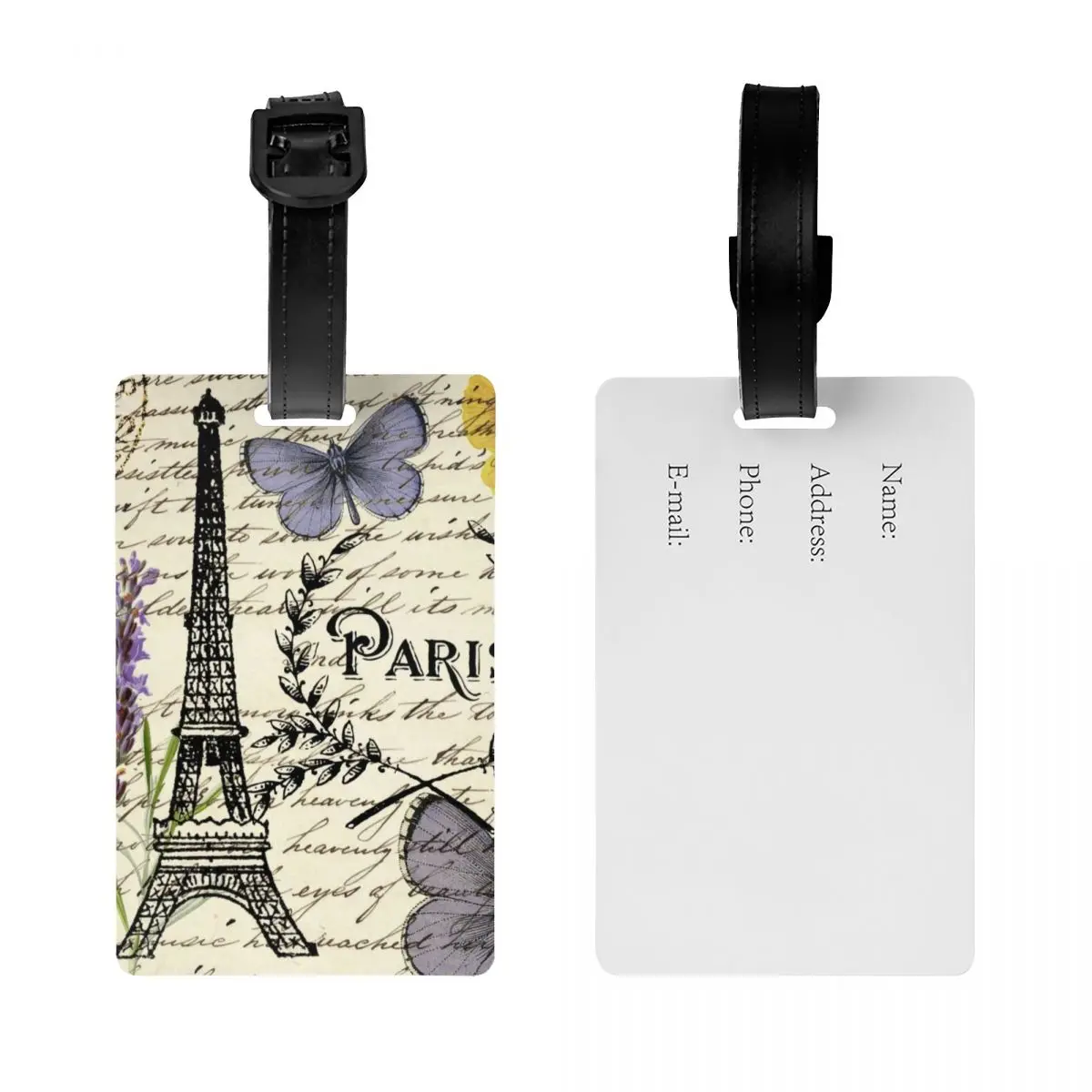 Borboleta Floral Tag Bagagem com cartão de nome, romântico Francês Privacidade Cover, ID Label para Travel Bag Mala, Paris Torre Eiffel