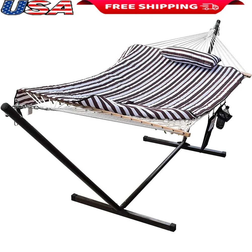 

Double Hammock with Steel Stand Cotton Rope Quilted Pad Spreader Bars Detachable Pillow Portable Outdoor Relaxation Garden