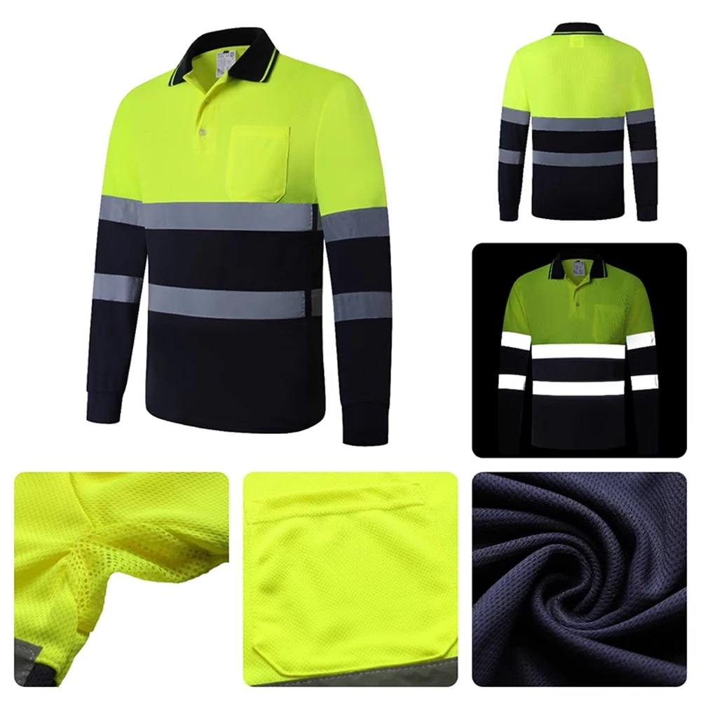 Camicie da lavoro antinfortunistiche estive a maniche lunghe Polo riflettente traspirante ad asciugatura rapida Abbigliamento da lavoro da costruzione da uomo