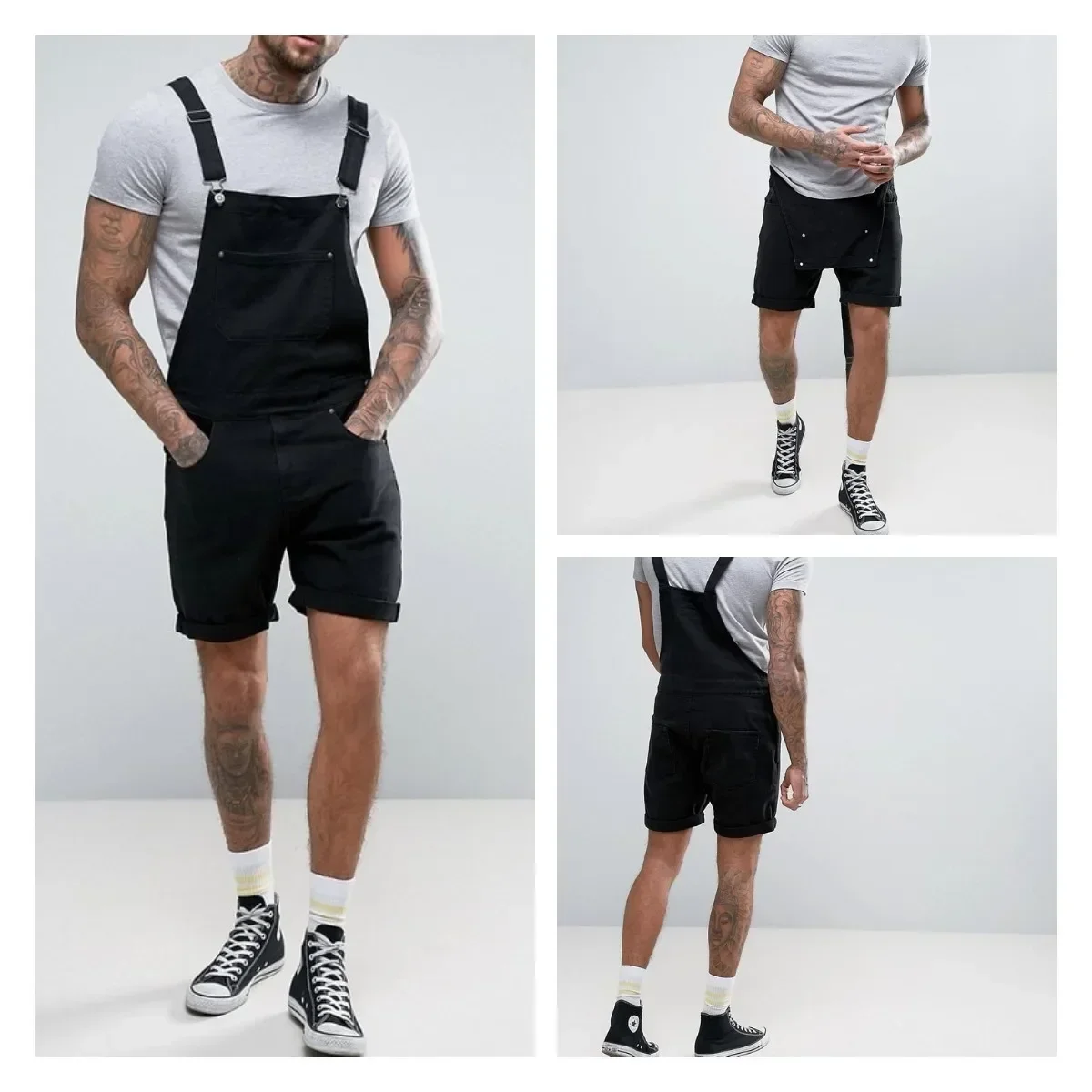 

Men Jeans Knee Length Denim Overalls Shorts Mid Waist High Street Washing Pockets One Piece Solid Straight 2024 Spliced jumpsuit
