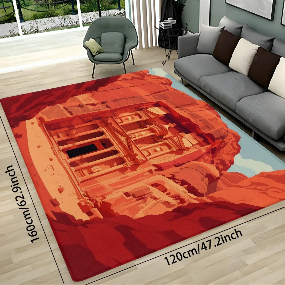 2D Flat Petra Jordan Treasury Ancient Architecture Red Rock Landscape Flannel Area Rug Non Slip Travel Souvenir Carpet ForLiving