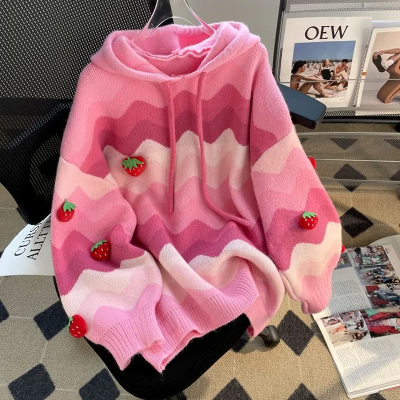 Pink Strawberry Bear Lotso Hooded Knitwear Sweater Jacket for Women\'s Autumn New Sweet Loose Casual Knitted Sweatshirt Tops