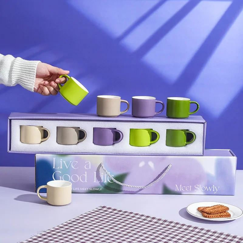 

5Pcs Candy Color Coffee Mug Sets Ceramic Tea Cup 80ML Espresso Mugs With Handle Beautiful Gift Box