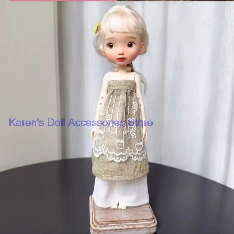 2pcs linen lace off-shoulder dress + white wide-leg pants for landoudou/Blythe(Fit for Lulu,ymy24,Ob22,24,26,zone, Jenny)