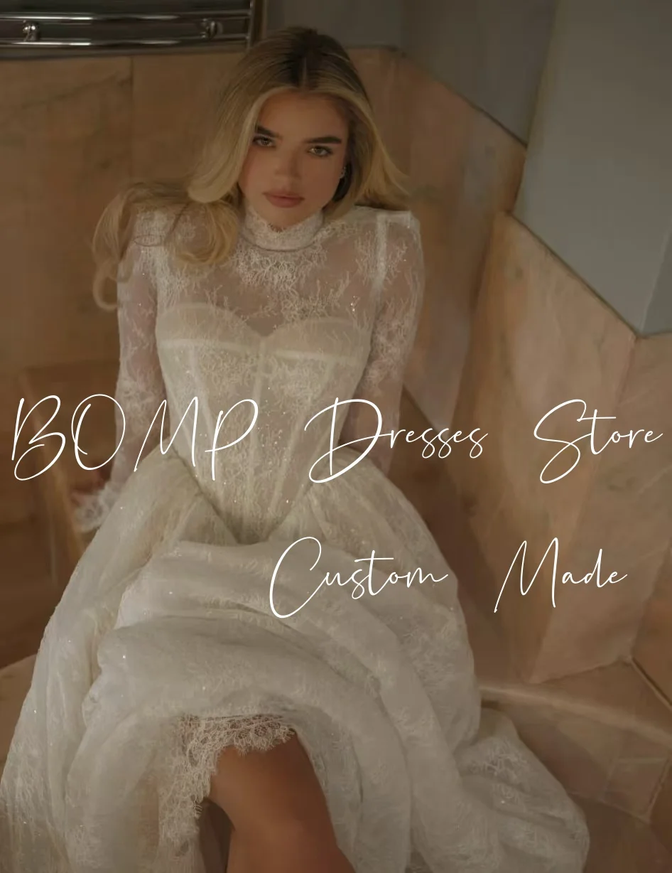 BOMP-Vestido de novia de lujo con cuentas de encaje de color marfil, Vestido de fiesta de boda con cuello alto y mangas completas, Vestido de novia personalizado