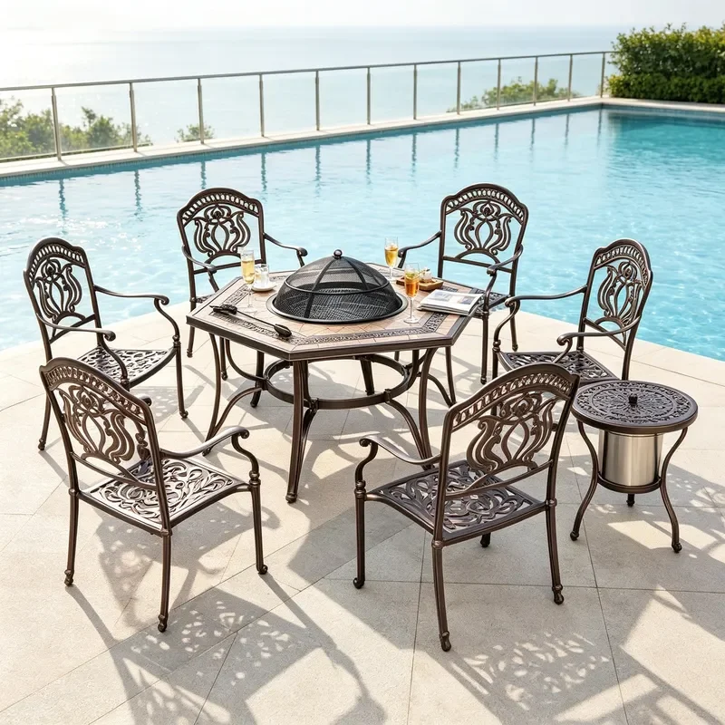 Hexagonal Garden Cast Aluminum BBQ Table And Chairs Set Outdoor Terrace Fireplace Gathering Table with Retro Backrest