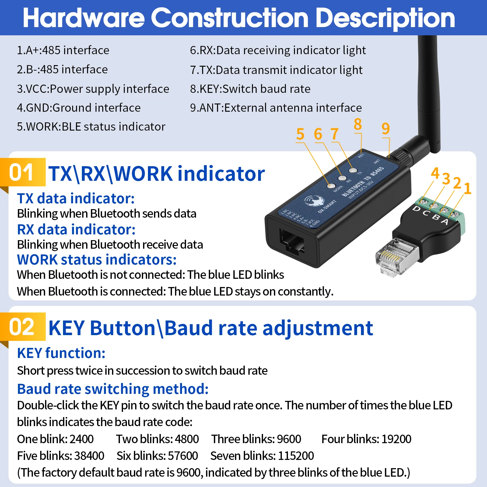 Convertitore DX-CP24 Dispositivo cablato in wireless per PC Adattatore seriale da RS485 a Bluetooth Comunicazione Bluetooth wireless industriale