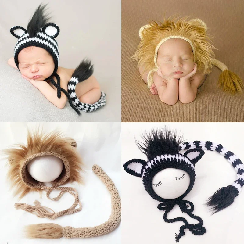 Newborn Photography Clothing Lion Zebra Design Woolen Knitted Baby Boy Girl Pictures Outfits Lionet Hat + Tail 2pcs Costumes