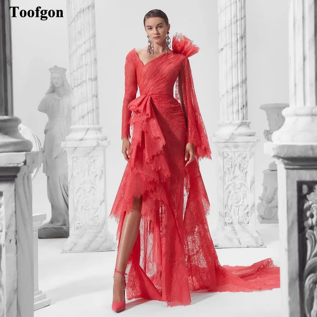 

Toofgon Mermaid Lace Long Prom Dresses Full Sleeves Draped Saudi Arabia Women Formal Evening Gowns Wedding Bridesmaid Dress