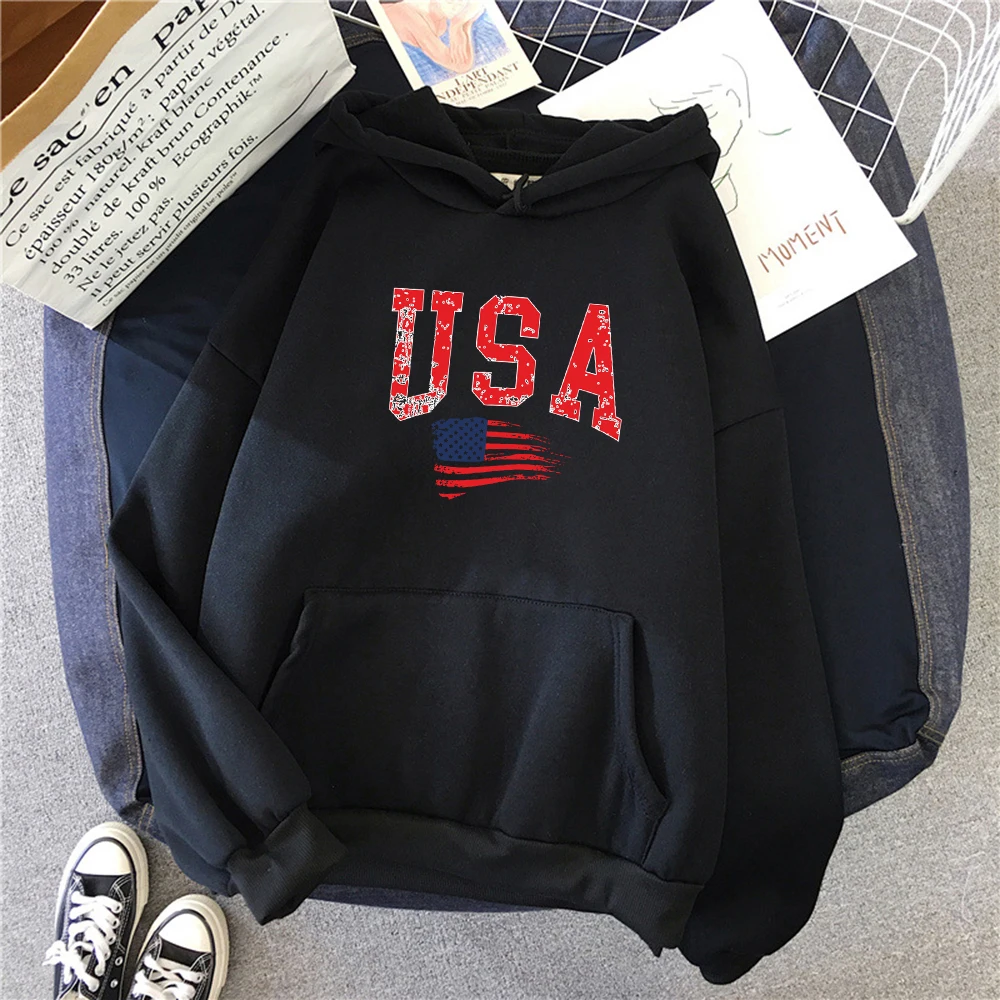 

Creative Usa Flag Printed Women Hoodie Autumn Loose Hoody Fashion Y2K Oversized Pullover Vintage Fleece Unisex Sportswear