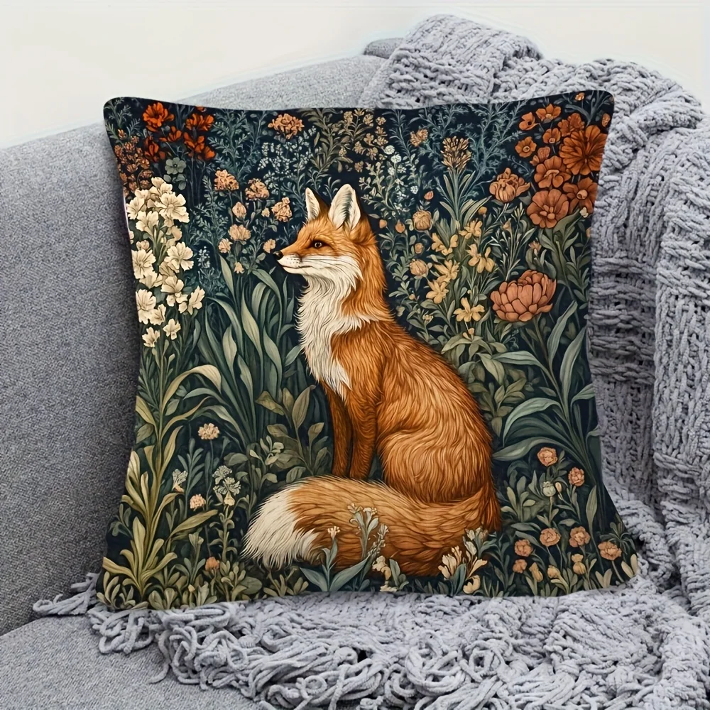 1PC William Morris Style Fox & Floral Decorative Pillow Cover, for Sofa & Home Decor (Pillow Insert Not Included)