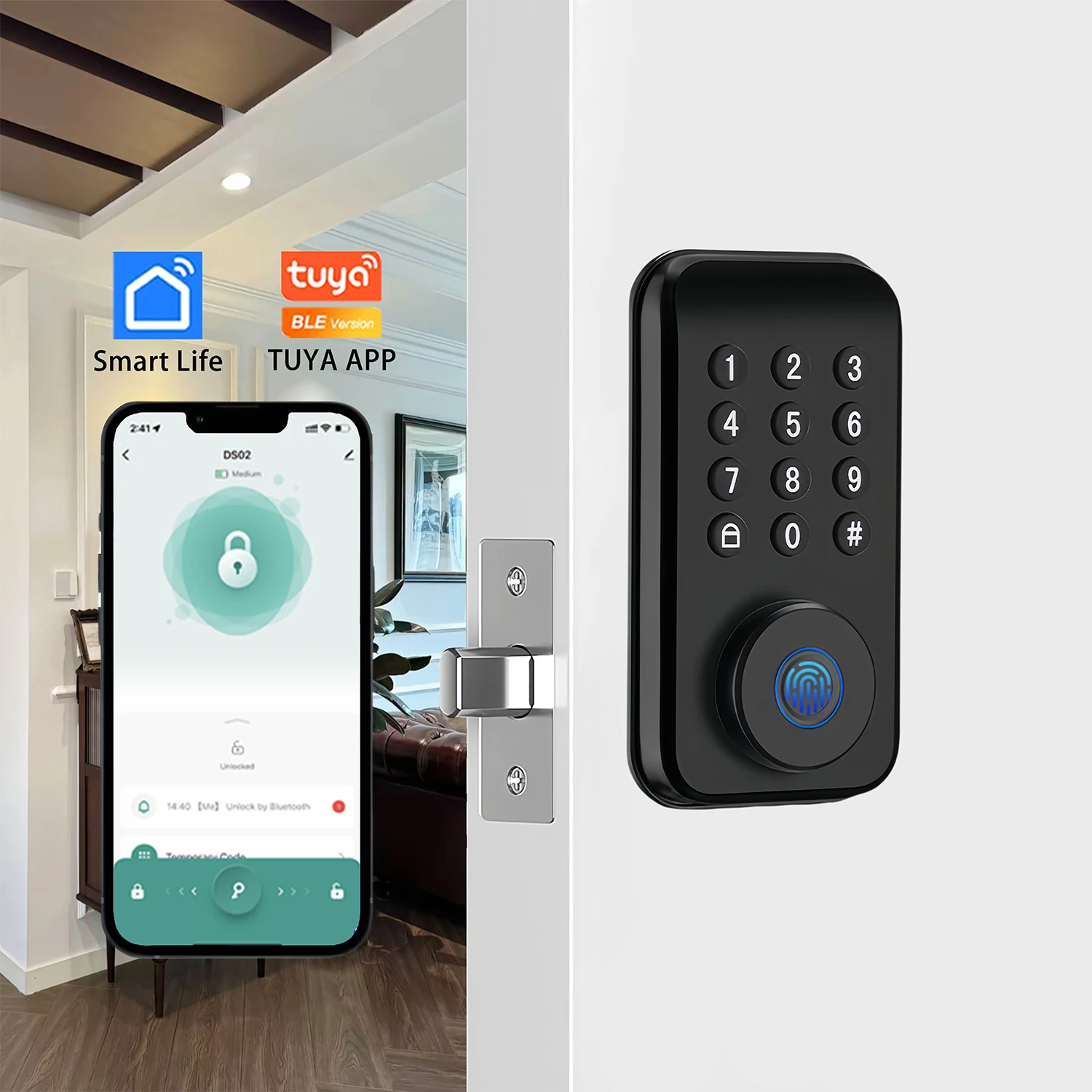 CDOK DS02 Tuya Smart Fingerprint Deadbolt Lock with Latch/Door Sensor Auto Lock Key/Password/ Tuya Smartlife APP Unlock