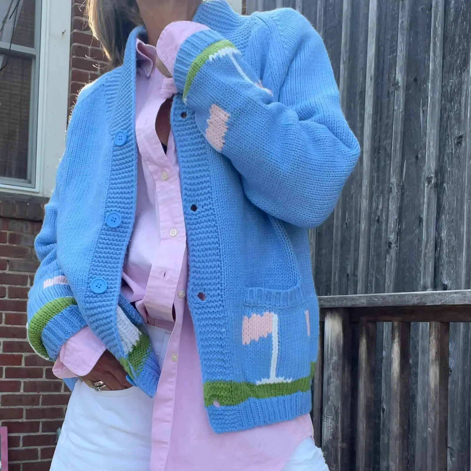 

Women's Autumn Winter Loose Cardigan Sweater Golf Car/Heart Print Long Sleeve Round Neck Button Down Jumpers Knitwear