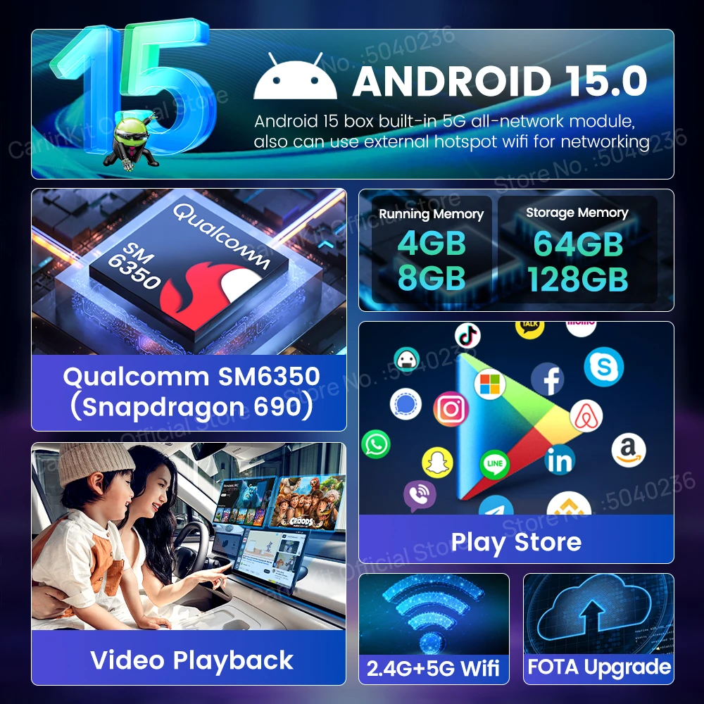 กล่อง CarlinKit CarPlay Ai Box รุ่นใหม่ ปี 2025 รองรับ Ultra-5G ระบบ Android 15 ชิปเซ็ต SM6350 หน่วยความจำ 8GB+256GB รองรับ Wireless CarPlay และ Android Auto สำหรับดู Netflix และ IPTV