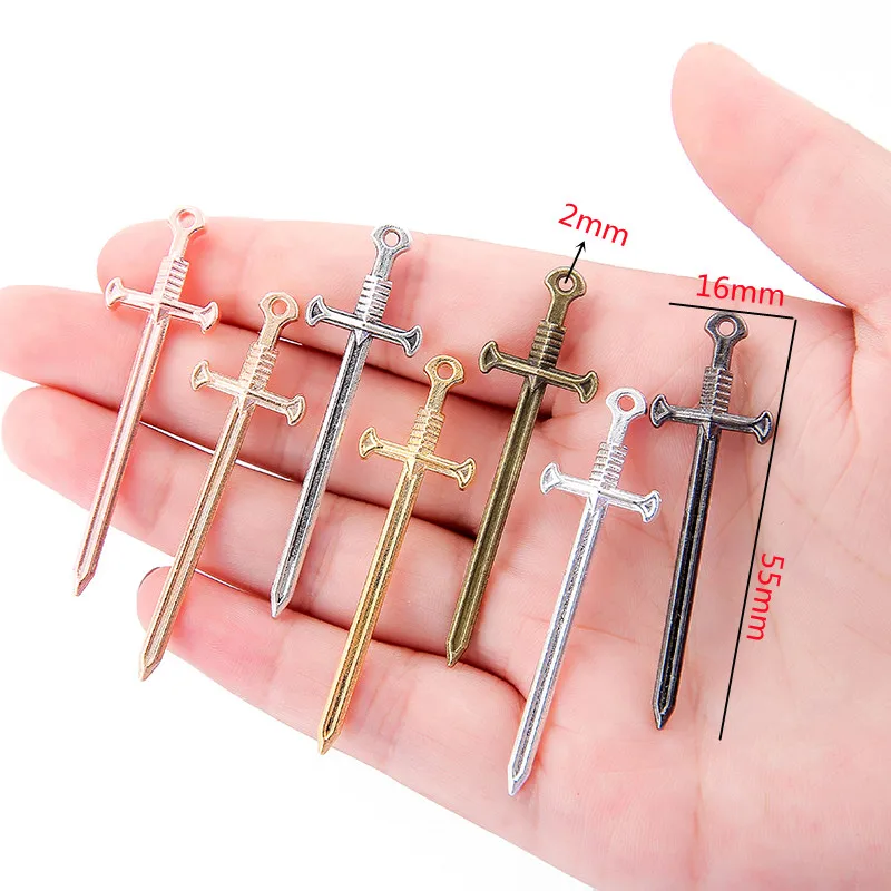 8pcs 7 colors Alloy Antique Knight Sword Charms for Jewelry Making DIY Handmade Weapons Personality Necklace Pendant