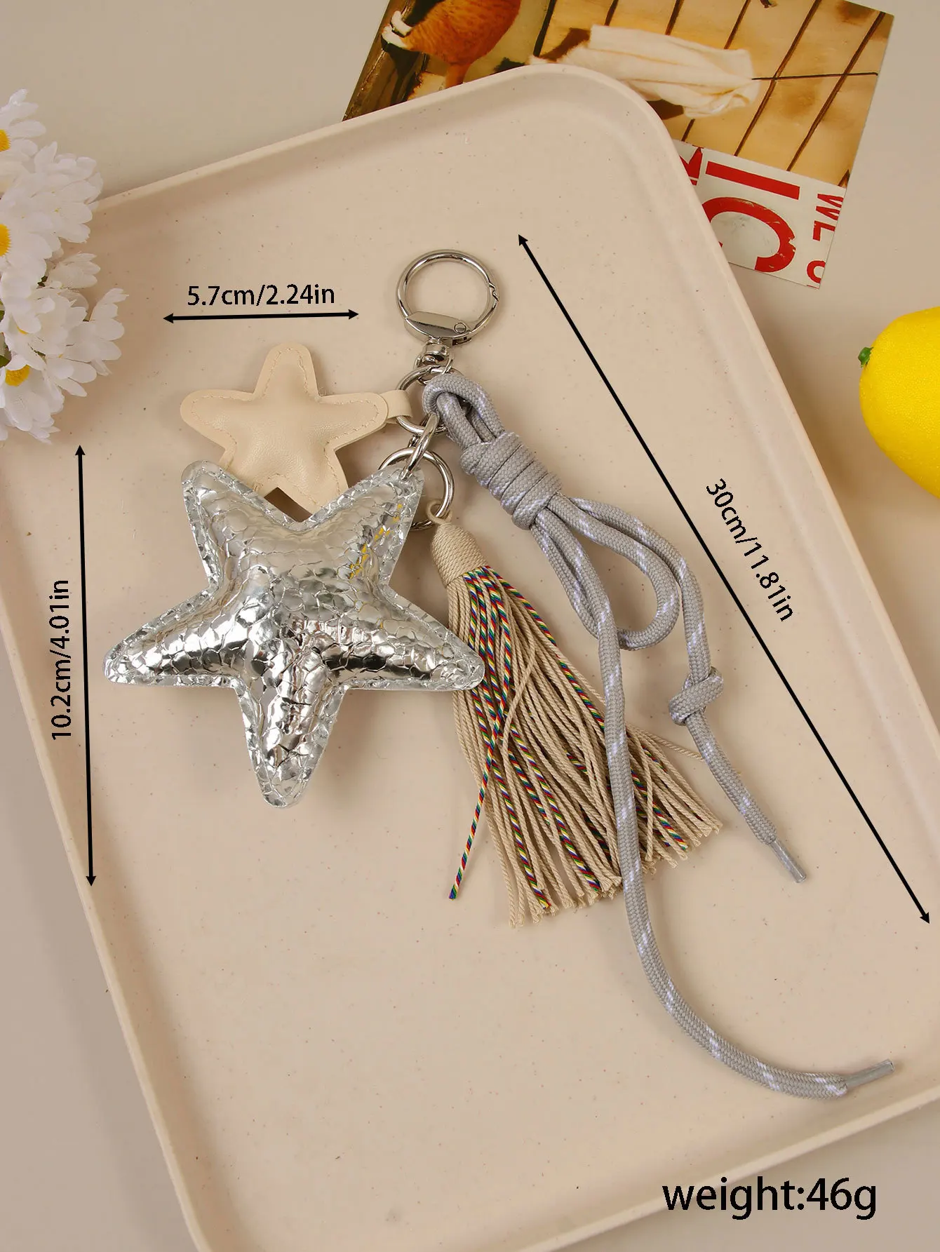 Star Leather Fringed Keychain Hand Braided Rope Roman Knot Keychain Accessories Bag Charms Pendant Gifts for Girlfriend