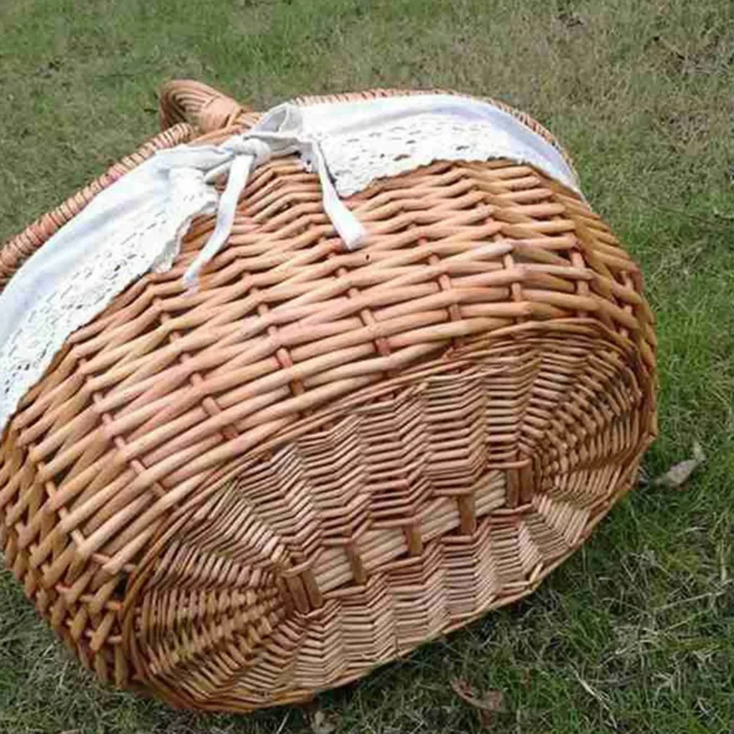 Country Style Wicker Basket With Handle Wicker Camping Picnic Basket With Double Lids Shopping Storage Hamper Basket