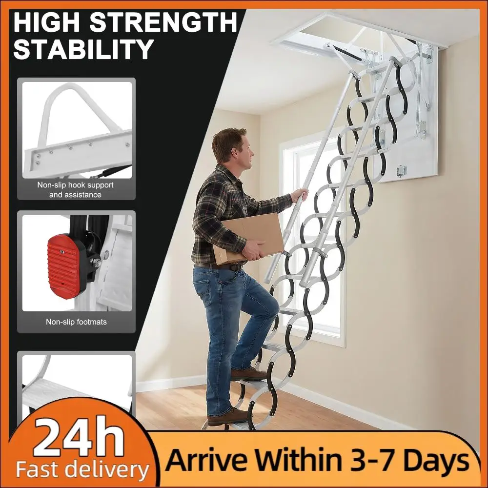

Folding Loft Ladders with Handrails Hidden Mount Attic Extension Stairs 660LBS Capacity Pull Down System For Home Duplex Villas