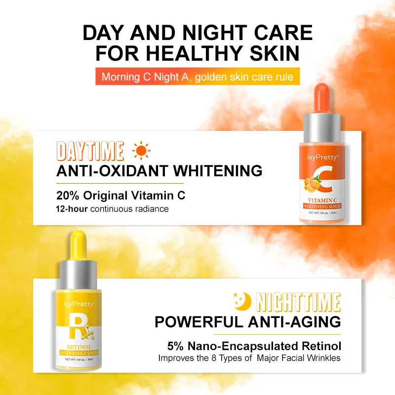 Serum Vitamin C & Retinol, Kombo Perawatan Wajah Pelembab Wajah pagi C malam Set Perawatan Kulit 2 buah/Set JoyPretty