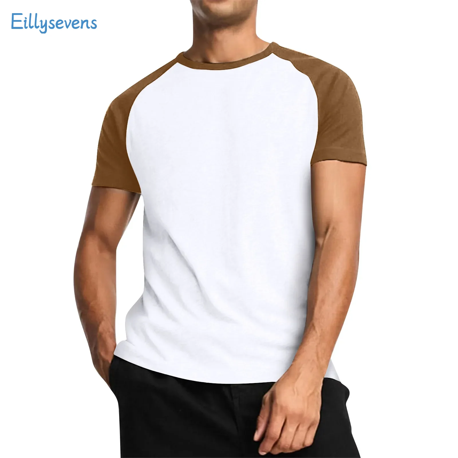 Men'S Summer New T-Shirt Daily Simple Causal Short Sleeve Tops Stitching Color Crew Neck Raglan Sleeves Basic Fitting Tops