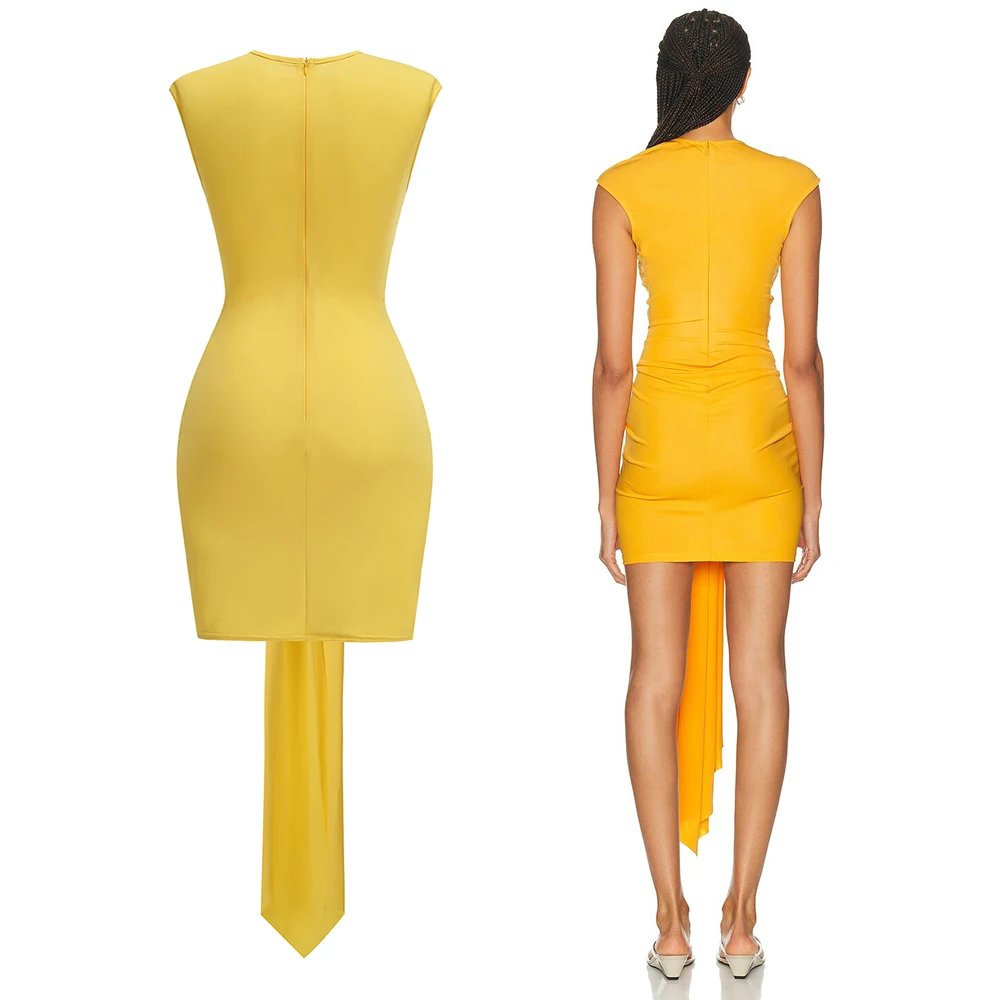 Sexy Fashionable Yellow Ruched Bodycon Mini Dress Elegant Crystal Cutout Club Party Gown for Women Dinner Birthday Outing