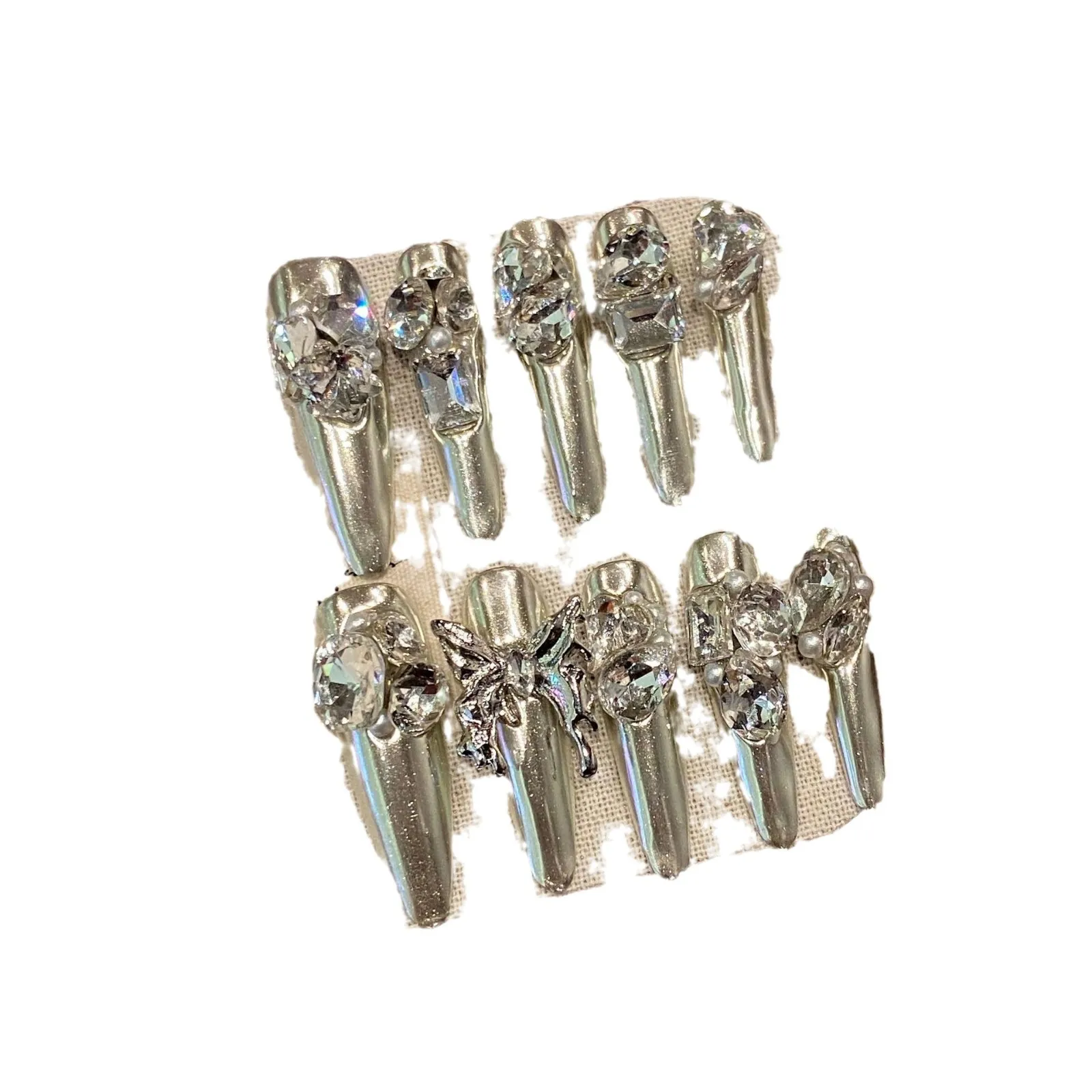 10 Stück handgemachte magische Spiegel Silber künstliche Nägel metallische lange Mandel Press On Nails Flash Strass Y2K süße würzige falsche Nägel