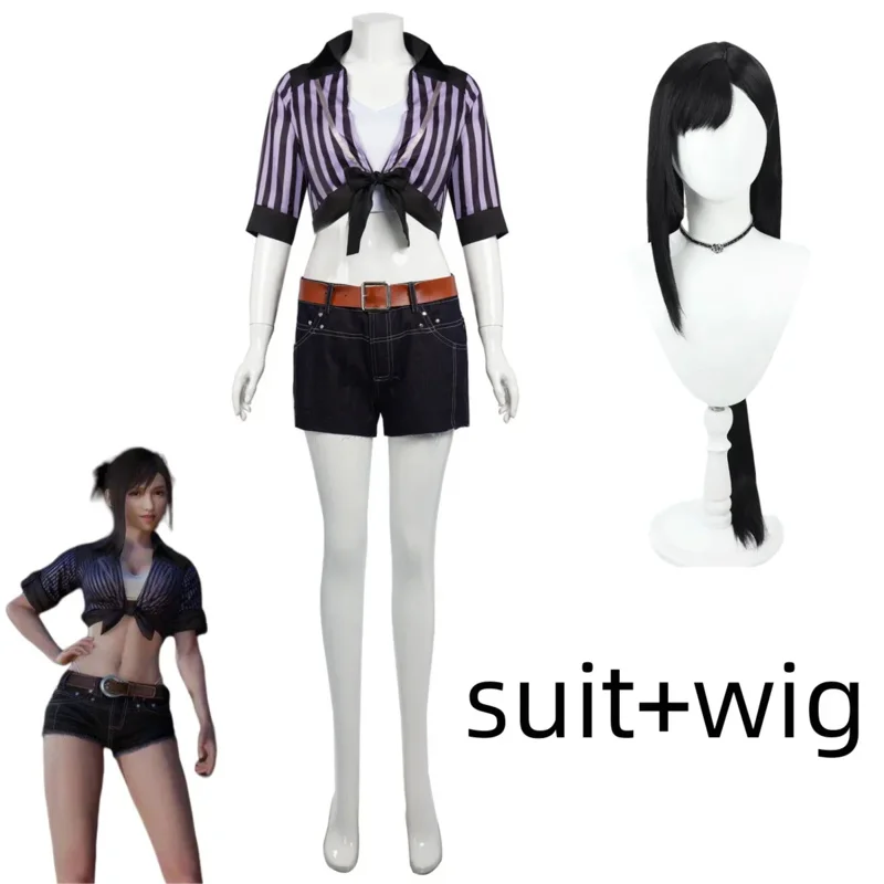 

Игра VII Тифа Локхарт Косплей Костюм Рубашка в полоску Пальто Джинсовые шорты Униформа Парик Женский сексуальный карнавальный костюм6;d'3,h'7.b;