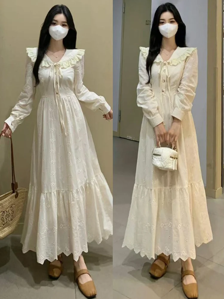 

Винтажное кружевное бежевое платье трапециевидной формы с воротником Питера Пэна, осеннее корейское элегантное женское платье с длинными рукавами и вышивкой на шнуровке