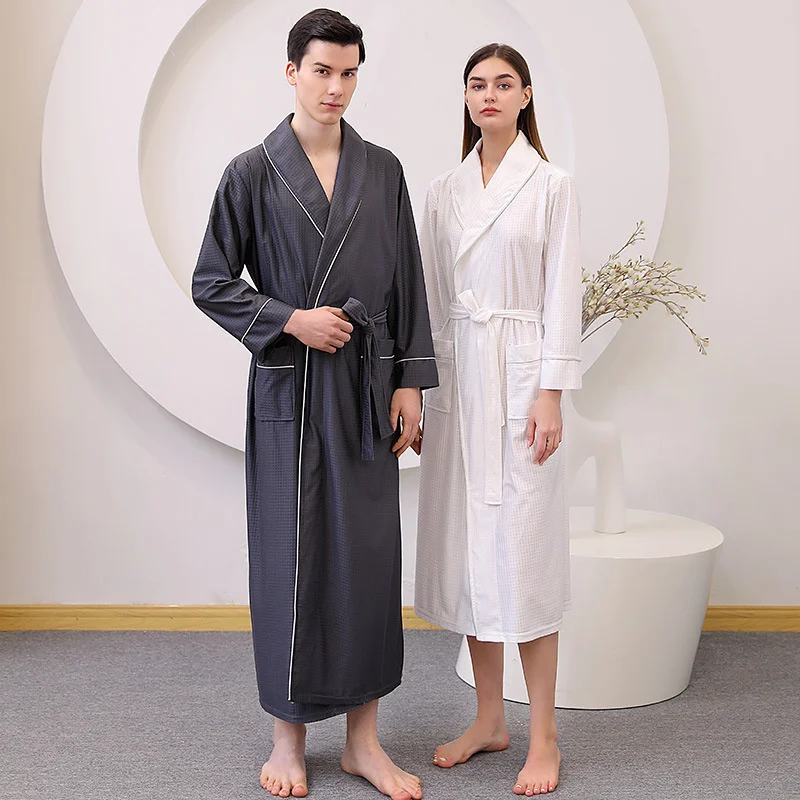 Men\'s Pajamas Waffle Bathrobe Long Sleeve Sleepwear Bathrobe Nightgown Cardigan Robe Dressing Gown Women Home Clothes Pajama