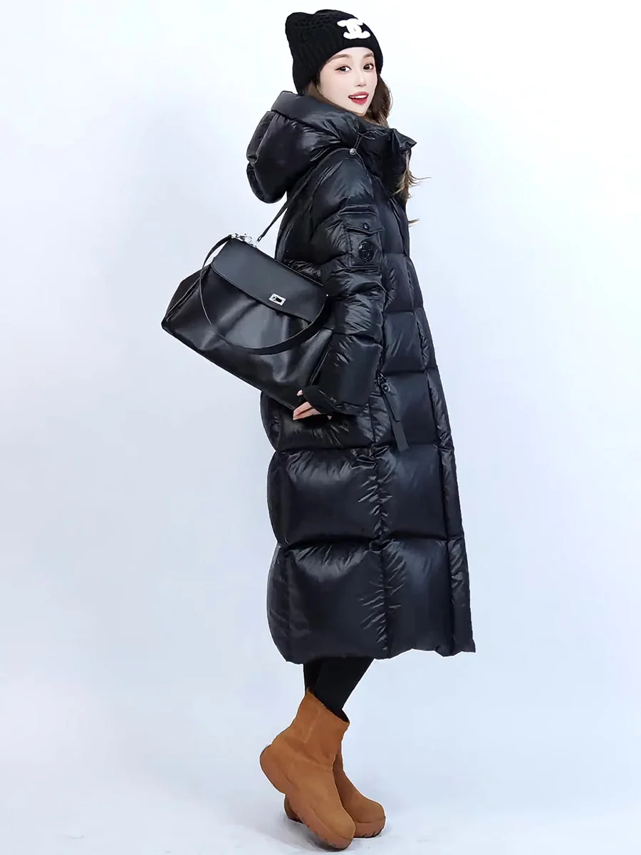 المرأة طويلة مقنعين البخاخ Jaet Bla Thi الدافئة الركبة طول معطف الشتاء عادية Sle ثلاثية الأبعاد تصميم ستيريو الأبيض Du أسفل ملء