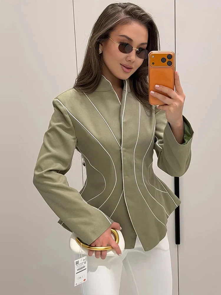 Women Elegant Green Short Blazer Jacket Autumn Slim Fit Striped Long Sleeve Waist Cinched Buckle Design Office Commuter Outerwea